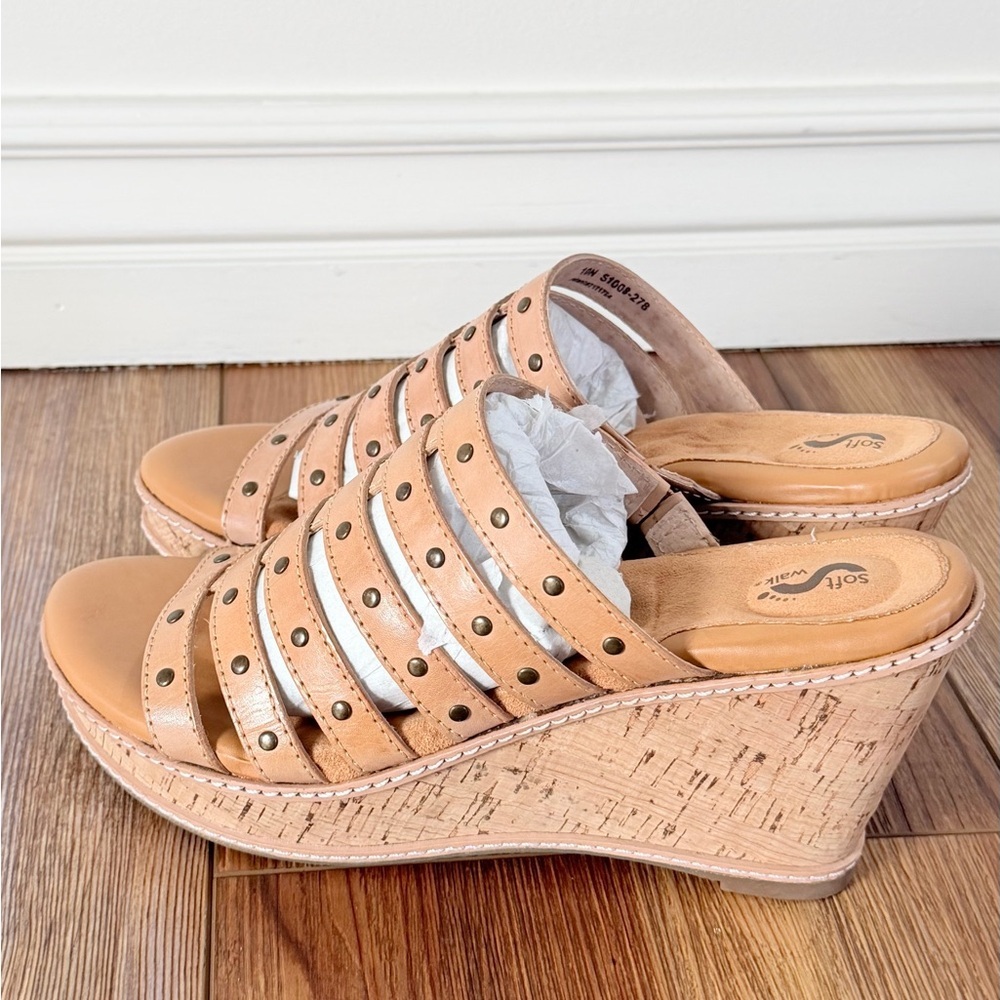 NEW Soft Walk Studded Brown Leather Wedge Open Toe Shoes Size 10Narrow